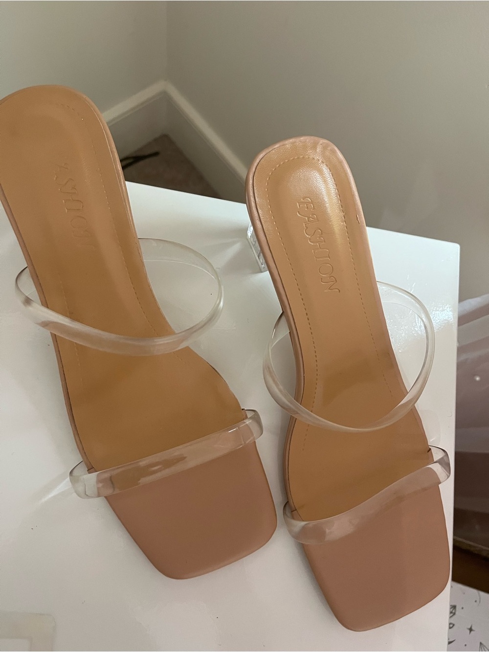Clear Strap Nude Slide Heels by